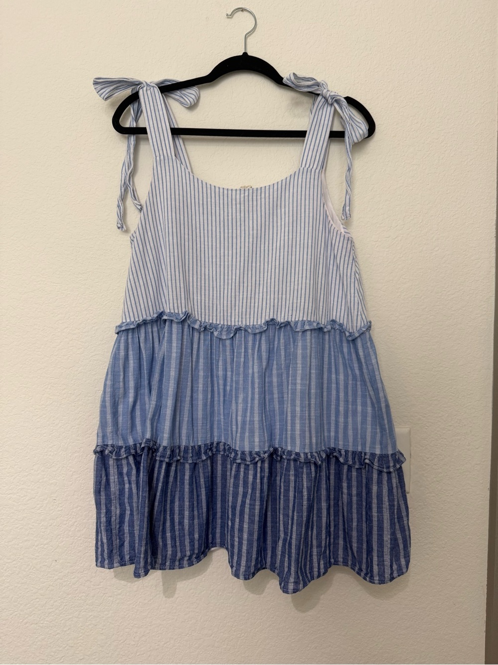 Blu Pepper Blue & White Striped Tiered Tie-Shoulder Dress